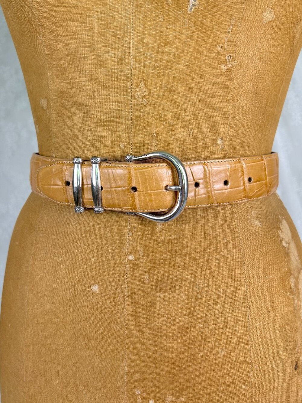 Vintage Brighton Belt Tan Crocodile Leather, Silver Heart Buckle, Style B10046